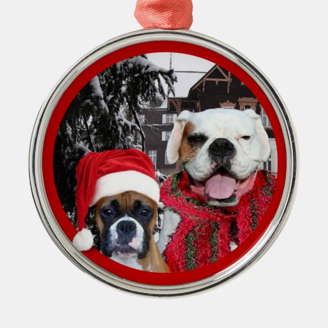 Christmas boxer dogs premium round ornament (Front)