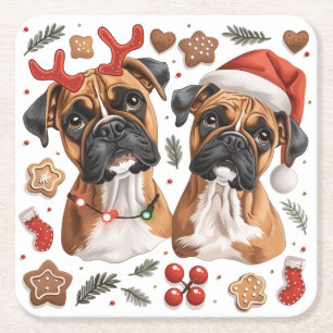 Christmas Boxer Dogs Square Paper Coaster