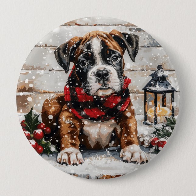 Christmas Boxer Puppy 10 Cm Round Badge (Front)