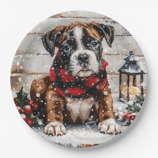 Christmas Boxer Puppy Paper Plate (Front)