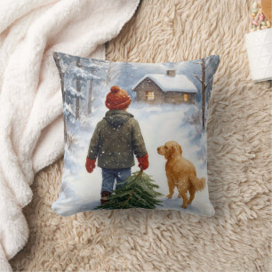 Christmas Boy In Snowflakes With Pine Tree and Dog Cushion