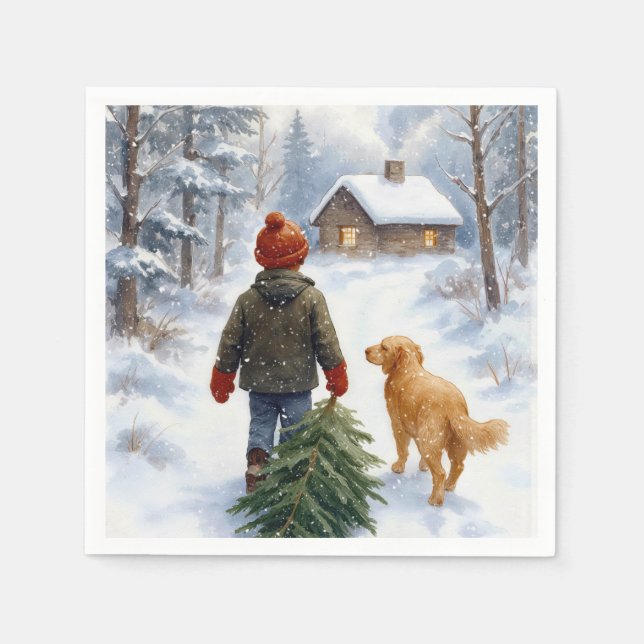 Christmas Boy In Snowflakes With Pine Tree and Dog Napkin (Front)