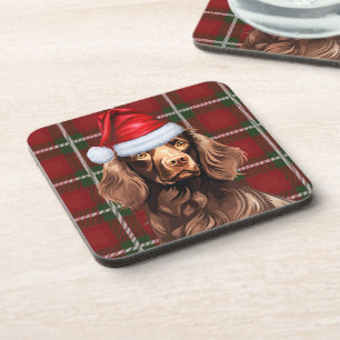 Christmas Boykin Spaniel Dog Red Plaid Holiday Coaster