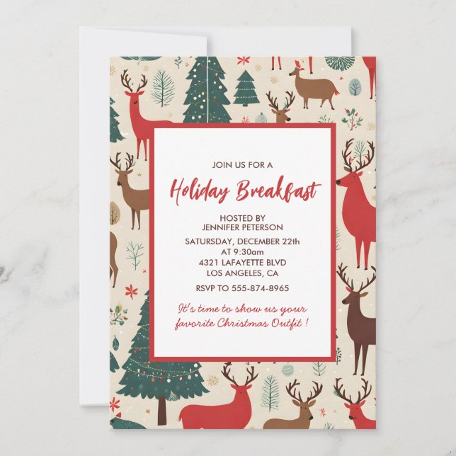 Christmas Breakfast Invitation Whimsical Deer tree (Front)