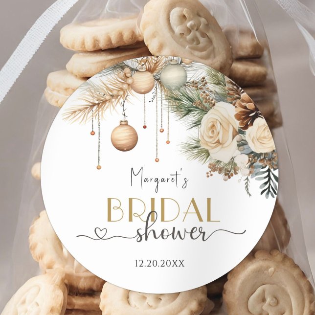 Christmas Bridal Shower Boho Chic Winter Floral Classic Round Sticker (Creator Uploaded)