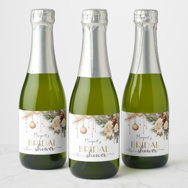 Christmas Bridal Shower Boho Chic Winter Floral  Sparkling Wine Label (Bottles)