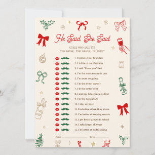 Christmas Bridal Shower He Said She Said Game Card