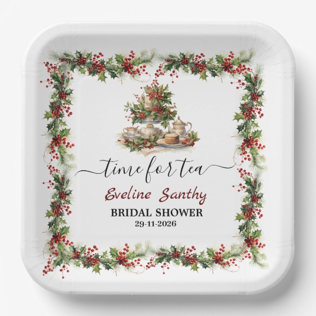 Christmas Bridal Shower holly Tea Time Party  Paper Plate (Front)