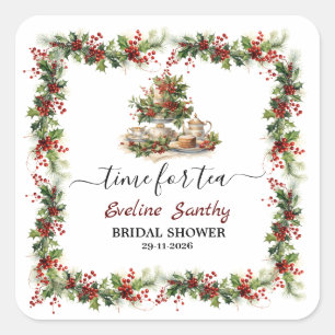 Christmas Bridal Shower holly Tea Time Party  Square Sticker