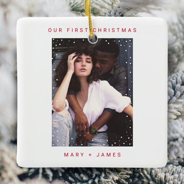 Christmas Bright Red | Merry and Married Photo Ceramic Ornament (custom christmas photo ceramic ornament)