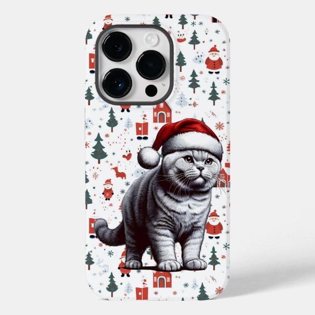 Christmas British shorthair Cat, Xmas Santa Kitten Case-Mate iPhone Case (Back)