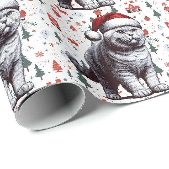 Christmas British shorthair Cat, Xmas Santa Kitten Wrapping Paper (Roll Corner)