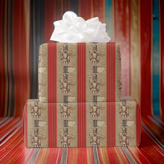 Christmas Bronze Nutcracker Soldier Papyrus Stripe Wrapping Paper (Creator Uploaded)