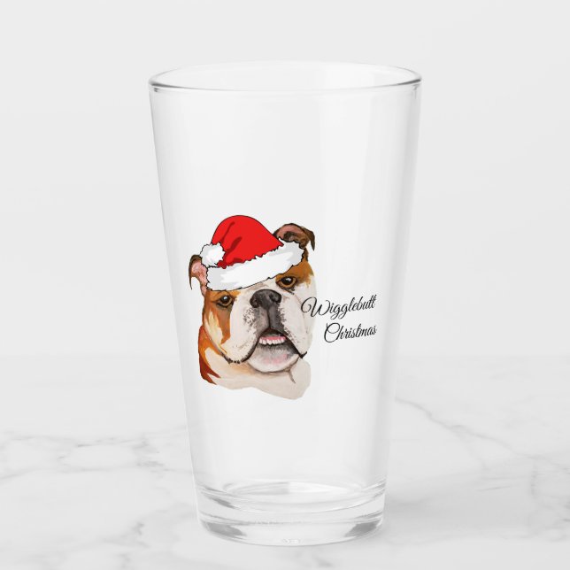 Christmas Brown Art English Bulldog Wigglebutt Glass (Front)