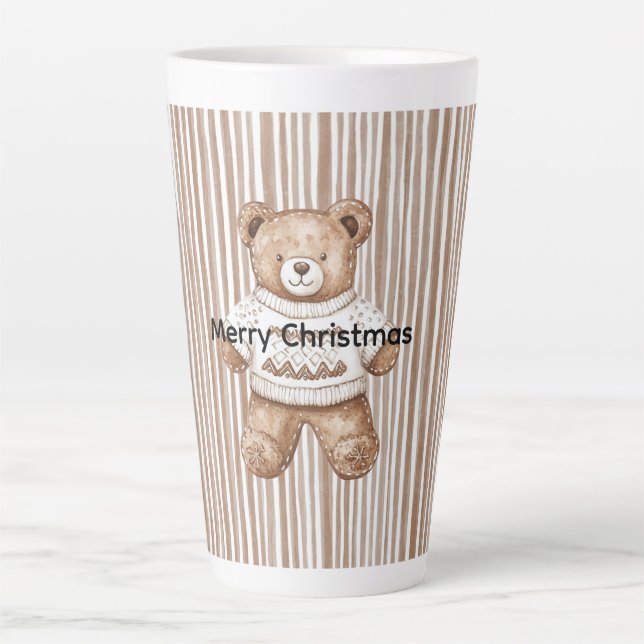 Christmas Brown Cream Teddy Bear Stripes Latte Mug (Front)