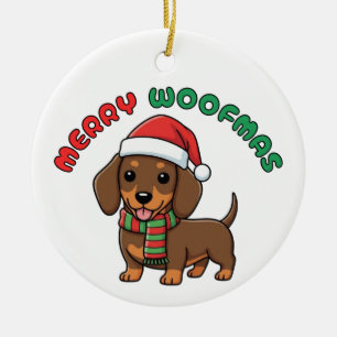 Christmas Brown Dachshund Ornament: Merry Woofmas Ceramic Tree Decoration