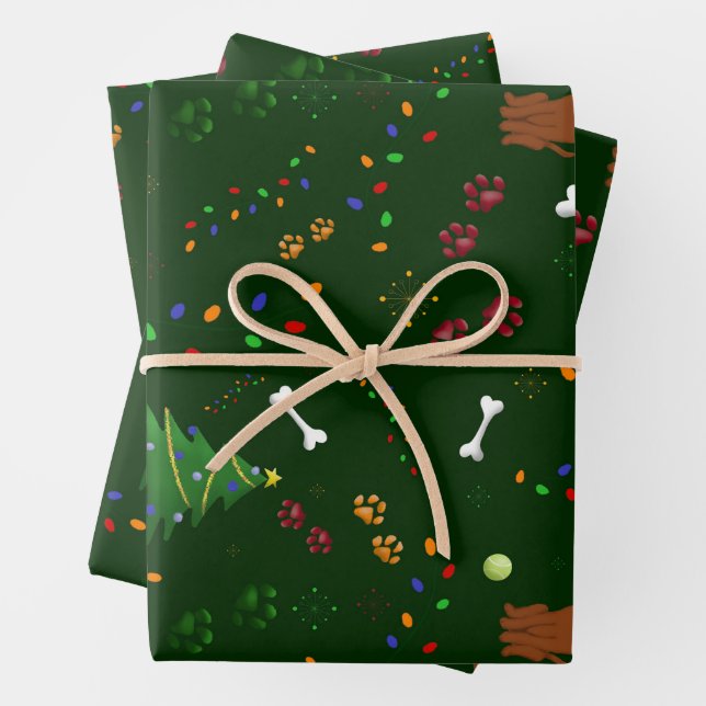 Christmas Brown Dog tree bone paws Santa hat light Wrapping Paper Sheet (In situ)