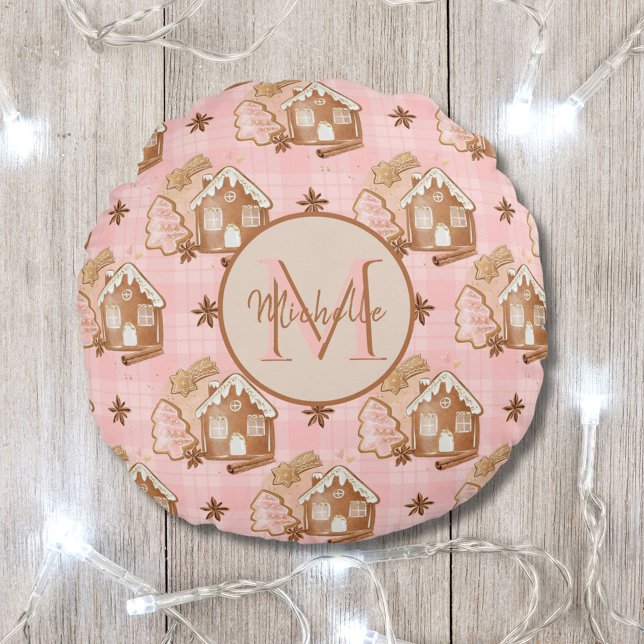Christmas Brown Gingerbread House Pink Plaid Trees Round Cushion (Creator Uploaded)