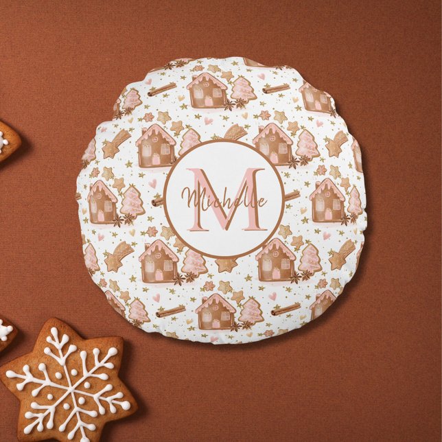 Christmas Brown Gingerbread House Pink Trees Round Cushion (Creator Uploaded)