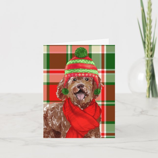 Christmas Brown Labradoodle Dog and Festive Plaid Holiday Card (Front)