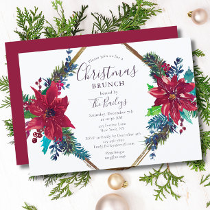 Christmas Brunch Chic Red Floral   Holiday Party Invitation