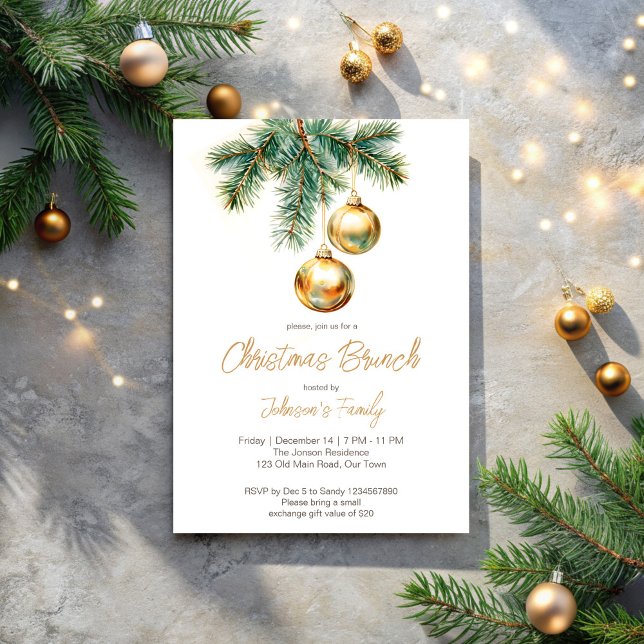 Christmas brunch gold baubles pines invitation (Christmas brunch party invitation cards gold baubles pines simple modern Christmas invitation)