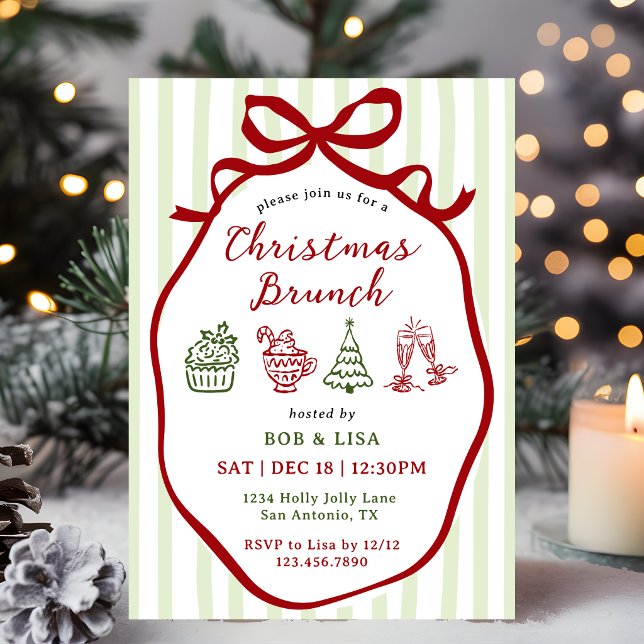 Christmas Brunch Hand Drawn Stripes Coquette Bow  Invitation (Creator Uploaded)