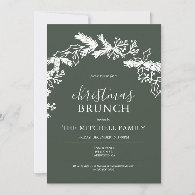 Christmas Brunch Pine Berry Wreath Green Invitation (Front)
