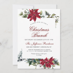 Christmas Brunch Red Poinsettia Floral Watercolor Invitation