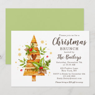 Christmas Brunch Rustic Wooden Tree Invitation
