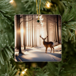 Christmas Buck In Winter Forest Ceramic Ornament