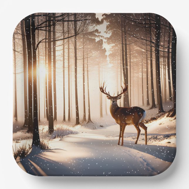 Christmas Buck In Winter Forest Paper Plate (Front)