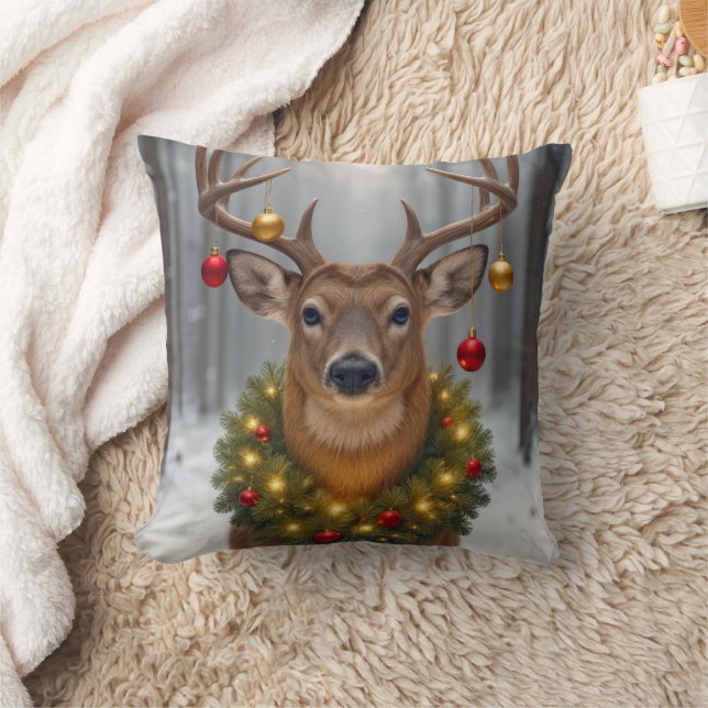 Christmas Buck Wearing a Glowing Wreath Cushion (Blanket)
