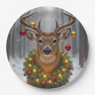Christmas Buck Wearing a Glowing Wreath Paper Plate