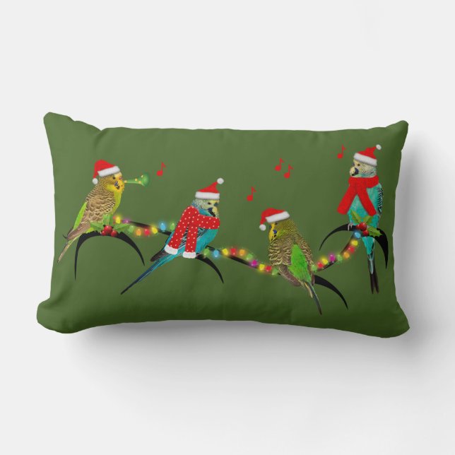 Christmas Budgie Frenzy Pillow (Dark Green) (Front)