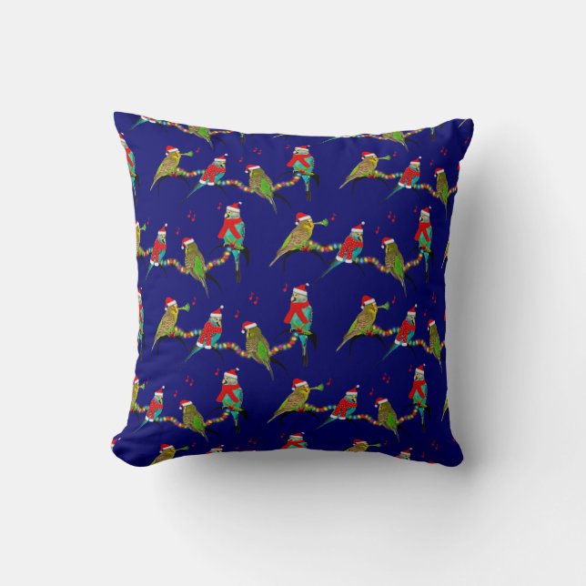 Christmas Budgie Frenzy Pillow (Navy) (Front)