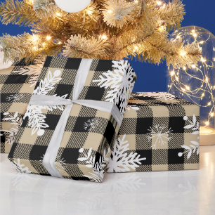 Christmas - Buffalo Plaid Beige Snowflakes Wrapping Paper