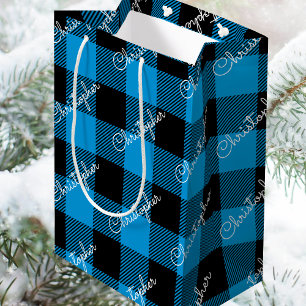 Christmas Buffalo Plaid Custom Name Rustic Blue Medium Gift Bag