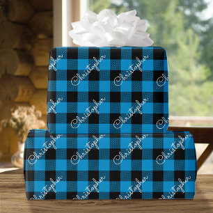 Christmas Buffalo Plaid Custom Name Rustic Blue Wrapping Paper