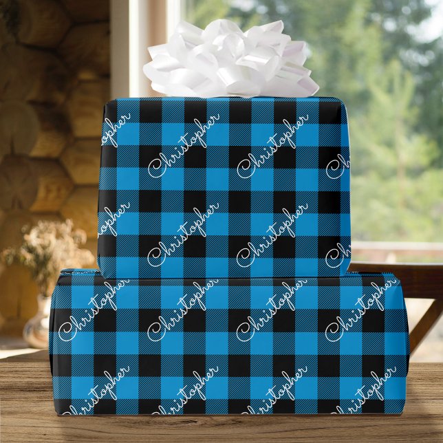 Christmas Buffalo Plaid Custom Name Rustic Blue Wrapping Paper (Creator Uploaded)