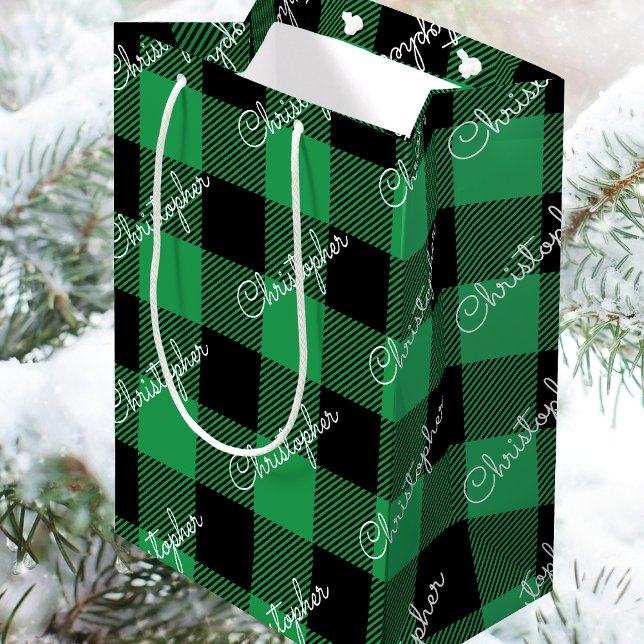 Christmas Buffalo Plaid Custom Name Rustic Green Medium Gift Bag (Creator Uploaded)