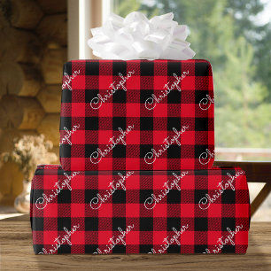 Christmas Buffalo Plaid Custom Name Rustic Red Wrapping Paper