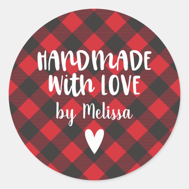 Christmas Buffalo Plaid Handmade With Love Classic Round Sticker (Front)