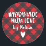 Christmas Buffalo Plaid Handmade With Love Classic Round Sticker<br><div class="desc">A personalised "handmade with love" Christmas holiday sticker on a buffalo plaid patterned background. Make it yours by adding your own name. A pretty finishing touch for all of your handmade Christmas gifts. Other colours available in the shop.  Designed for you by Blackberry Boulevard.</div>