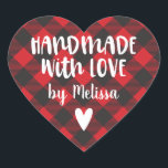 Christmas Buffalo Plaid Handmade With Love Heart Sticker<br><div class="desc">A personalised "handmade with love" sticker on a heart shaped,  buffalo plaid patterned background. Make it yours by adding your own name. A pretty finishing touch for all of your handmade Christmas gifts. Other colours available in the shop.  Designed for you by Blackberry Boulevard.</div>