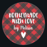 Christmas Buffalo Plaid Homemade With Love  Classi Classic Round Sticker<br><div class="desc">A personalised "homemade with love" 3 inch Christmas holiday sticker on a buffalo plaid patterned background. Make it yours by adding your own name. A pretty finishing touch for all of your handmade Christmas gifts. Other colours available in the shop.  Designed for you by Blackberry Boulevard.</div>