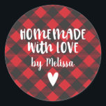Christmas Buffalo Plaid Homemade With Love  Classi Classic Round Sticker<br><div class="desc">A personalised "homemade with love" 3 inch Christmas holiday sticker on a buffalo plaid patterned background. Make it yours by adding your own name. A pretty finishing touch for all of your handmade Christmas gifts. Other colours available in the shop.  Designed for you by Blackberry Boulevard.</div>