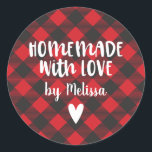 Christmas Buffalo Plaid Homemade With Love  Classi Classic Round Sticker<br><div class="desc">A personalised "homemade with love" 3 inch Christmas holiday sticker on a buffalo plaid patterned background. Make it yours by adding your own name. A pretty finishing touch for all of your handmade Christmas gifts. Other colours available in the shop.  Designed for you by Blackberry Boulevard.</div>