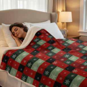 Christmas Buffalo Plaid Snowflakes Red Green Sherpa Blanket