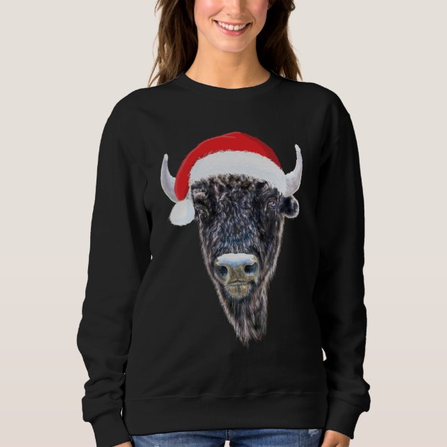Christmas Buffalo Wearing A Festive Santa Hat Sweatshirt (Front)